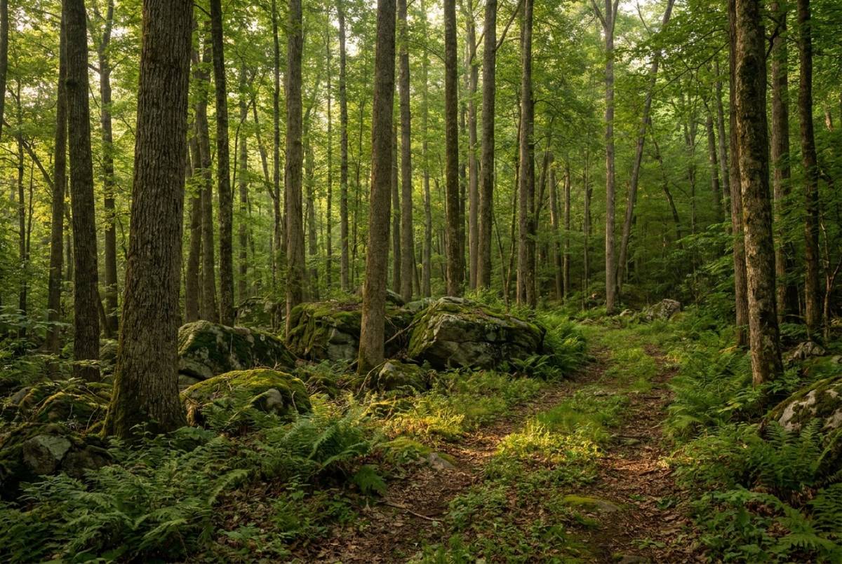 Footpath through a mature hardwood forest with mossy boulders